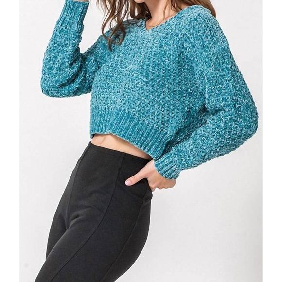 NEW HYFVE chenille crop long sleeve sweater in sea blue - Picture 1 of 2